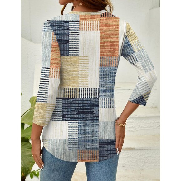 Women's 3/4 Sleeve Blouse Casual Tops Summer Shirts Pleated Hem Large - Picture 4 of 6